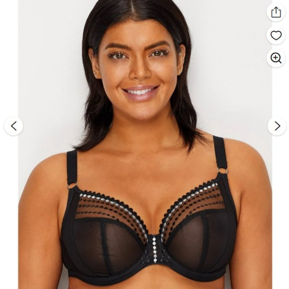 Elomi Matilda Black Sheer Mesh Underwire Plunge Bra 42I Lightweight Support